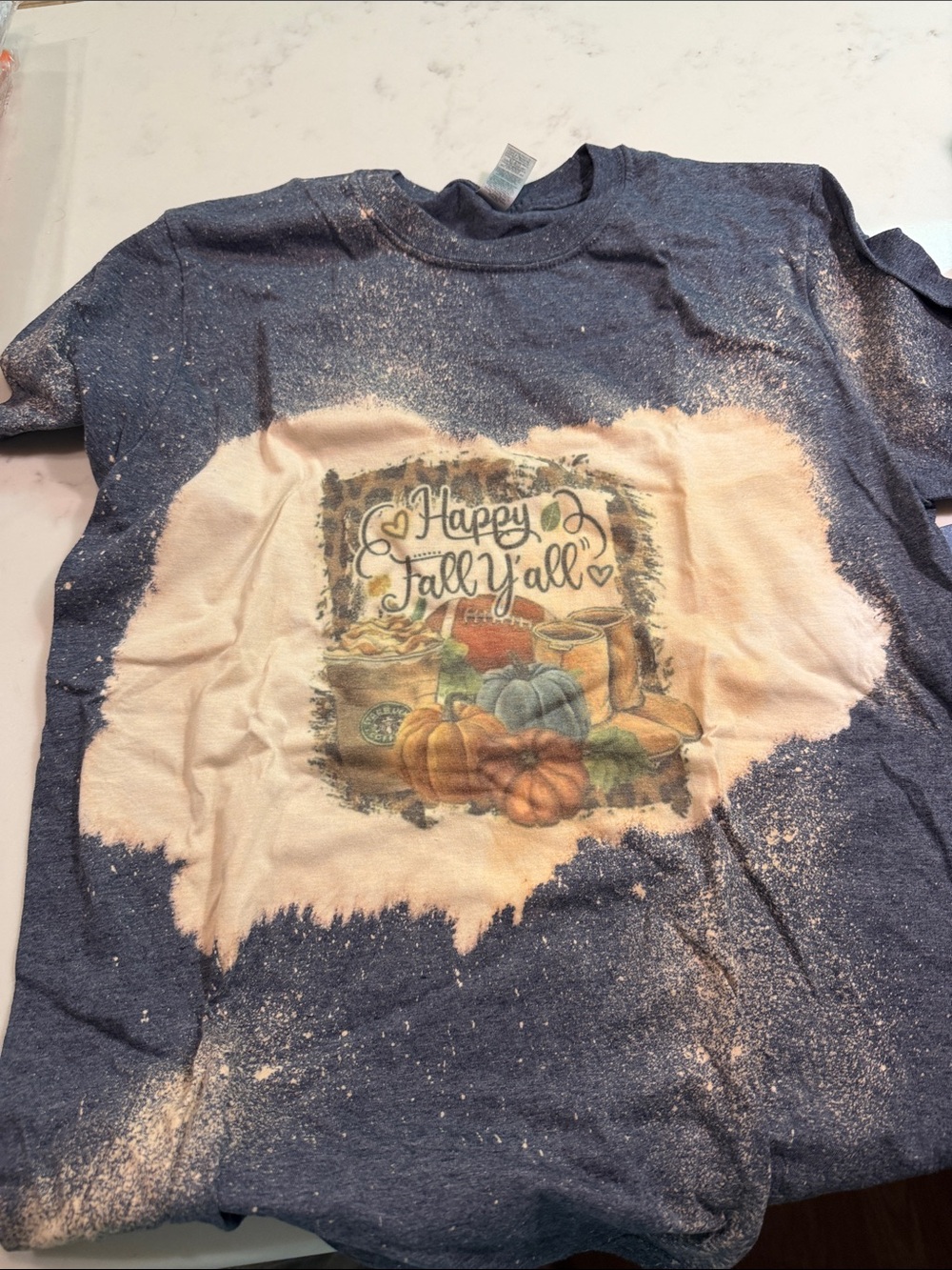 Fruit of the Loom Navy Blue Tee with Cream Bleach-Style Fall Graphic